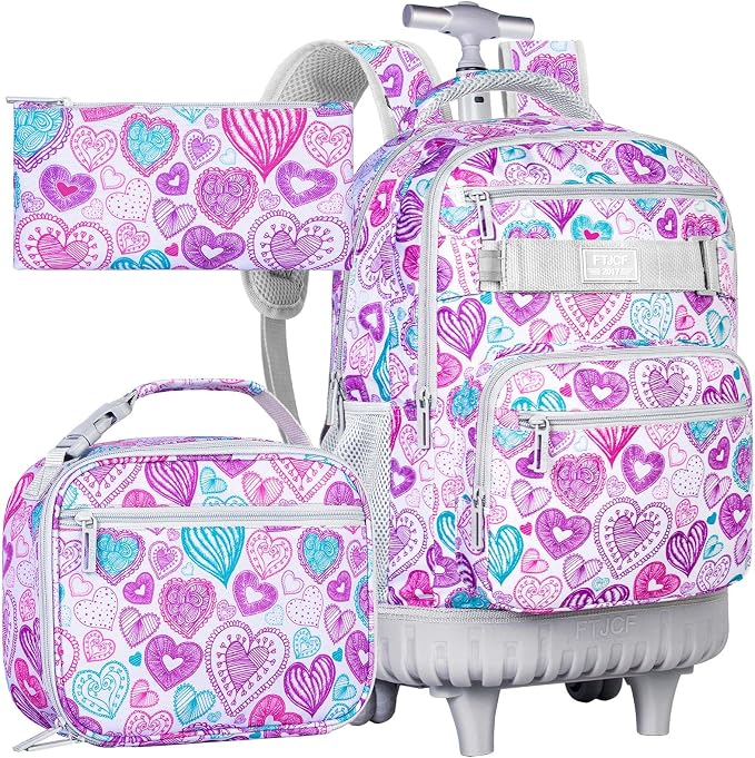 3pcs Rolling Backpack for Girls, 19 Inche Adult Bag with Roller Wheels, Wheeled Bookbag Set for Women - PinkGrey by FTJCF