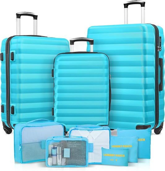 3 Piece Luggage Sets ABS Hardshell Suitcase with Spinner Wheels with 6PC Packing Bags(20/24/28inch) by Suitour