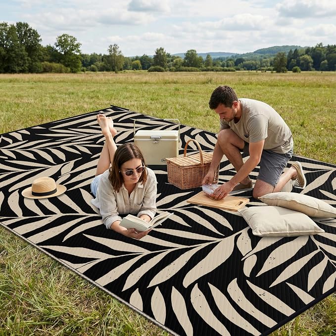 Smiry Outdoor Rug 6x9 ft, Waterproof Reversible Plastic Straw Rugs, Outdoor Area Rug with Leaf Pattern, Outside Floor Mat for Patio, Backyard, Deck, Picnic, Beach, Camping, Black & Beige - Image 4