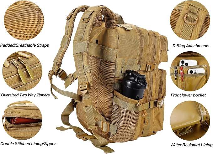 LHI Military Tactical Backpack for Men and Women 45L Army 3 Days Assault Pack Bag Large Rucksack with Molle System - Khaki - Image 5