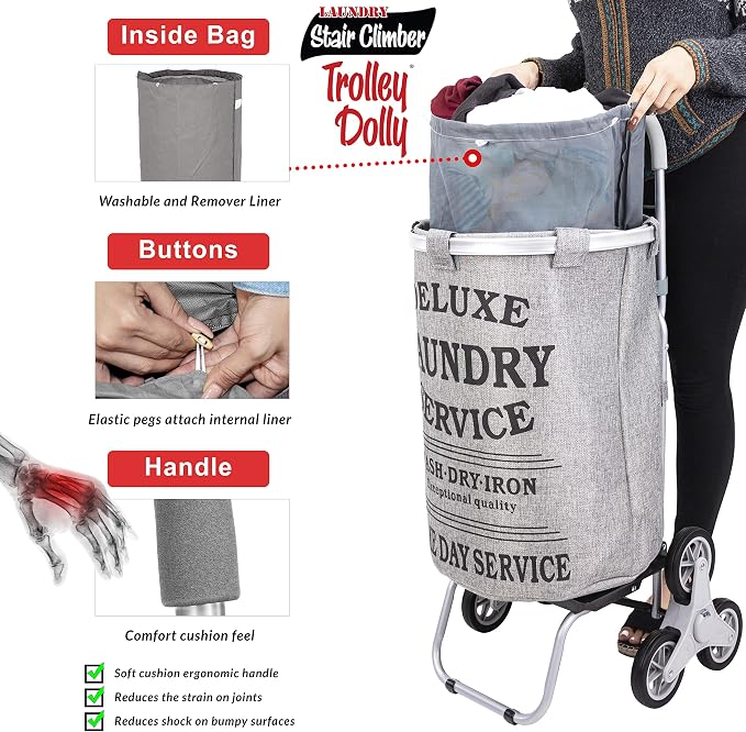 dbest products Stair Climber Laundry Trolley Dolly, Grey Laundry Bag Hamper Basket cart with wheels sorter - Image 3