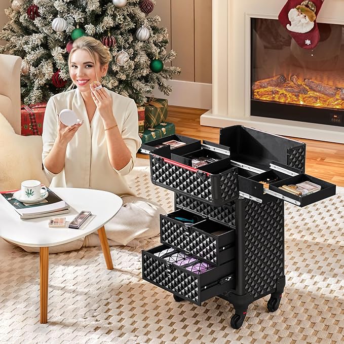 Yaheetech Rolling Makeup Train Case with 2 Drawers Nail Cart Beauty Trolley | Sturdy ABS & aluminum tattoo cart organizes cosmetic supplies in side trays & 2 drawers, rolls smoothly & lockable for travel - Image 2