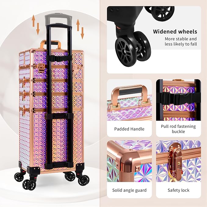AROUS 5 in 1 Rolling Makeup Train Case with Lid Cosmetology Case on Wheels | Large Cosmetic Trolley Organizer with Keys Salon Barber Case Traveling Cart Trunk for Artist Hairstylists Nail Tech, Colorful - Image 6