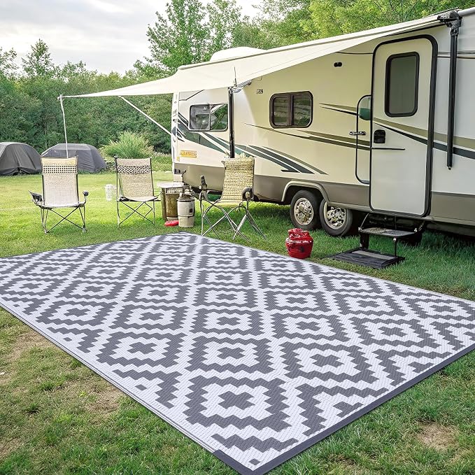 Smiry Waterproof Outdoor Rug 8x10 ft, Reversible Plastic Straw Patio Camping Rugs, Outdoor Indoor RV Mat Carpet for Patio, Outside Entry, Backyard, Deck, Bench, Picnic, Camper, White & Grey - Image 7
