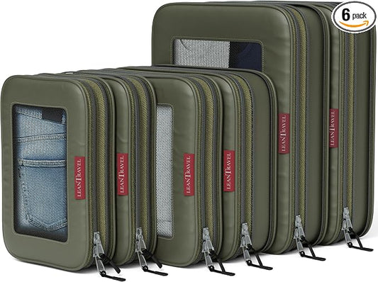 LeanTravel Premium Compression Packing Cubes for Travel - Suitcase Organizer Bags with Double Zipper & Breathable Mesh Panel - Space Saving Carry On Luggage Essentials (6-Pack, Olive Green) by LeanTravel