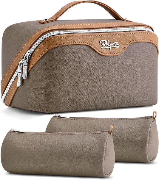 BOYATU Travel Makeup Bag Organizer Cosmetic Bag: 3 Pcs Set Make up Bags for Women with Handle - Waterproof Vegan Leather Toiletry Bags Travel Essentials Pouch with Compartments (A-02-Grey) by BOYATU
