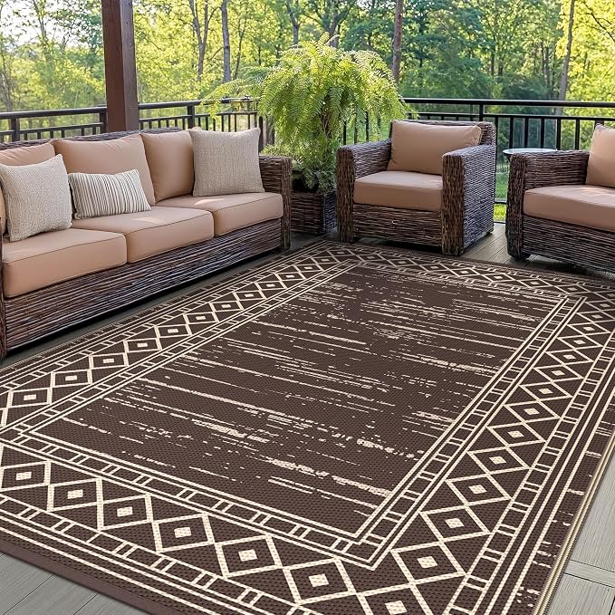 GENIMO Outdoor Rug, Waterproof Plastic Rugs for Patio, 6'x9' Mottledbrown | Outside Larger Modern Carpet Mat for Porch Decor, Deck, Balcony, Camping, RV, Backyard, Picnic, Beach, Reversible by GENIMO