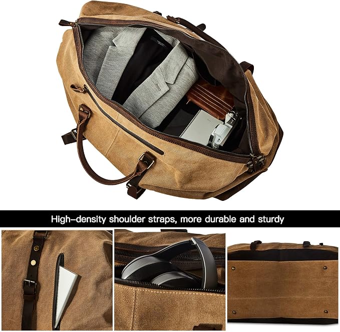 Oversized Washed Canvas Duffel Bag for Men | Large canvas weekender for men with genuine leather trim, adjustable strap and roomy storage for overnight and road trips - Image 5