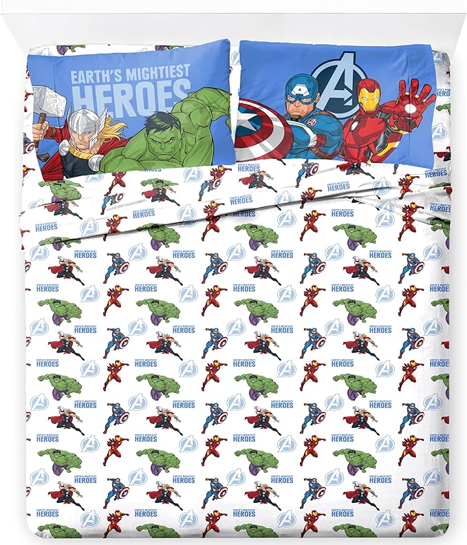 Jay Franco Kids Sheet Set with Fitted, Flat Sheets & Pillow Cover - Ultra-Soft Bedding with Pillowcase for Room Decor, White - Avengers, 4 Piece Queen by JayFranco