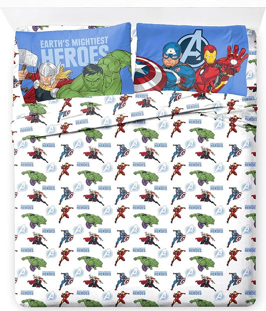 Jay Franco Kids Sheet Set with Fitted, Flat Sheets & Pillow Cover - Ultra-Soft Bedding with Pillowcase for Room Decor, White - Avengers, 4 Piece Queen by JayFranco