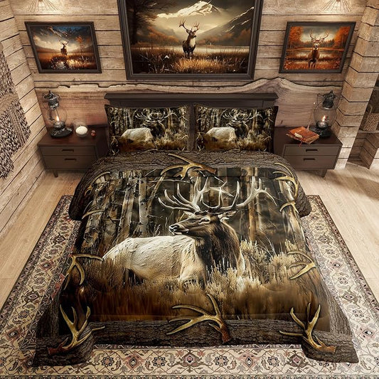 Erosebridal Rustic Deer Comforter Set for Cabin Lodge Vintage Elk Moose Antlers Bedding Set Twin Size Farmhouse Woodland Quilt Hunting Animal Duvet Insert with 1 Pillowcase Home Room Decor by Erosebridal
