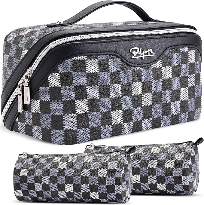 BOYATU Travel Makeup Bag Organizer Cosmetic Bag: 3 Pcs Set Make up Bags for Women with Handle - Waterproof Vegan Leather Toiletry Bag (01-H-Black) by BOYATU