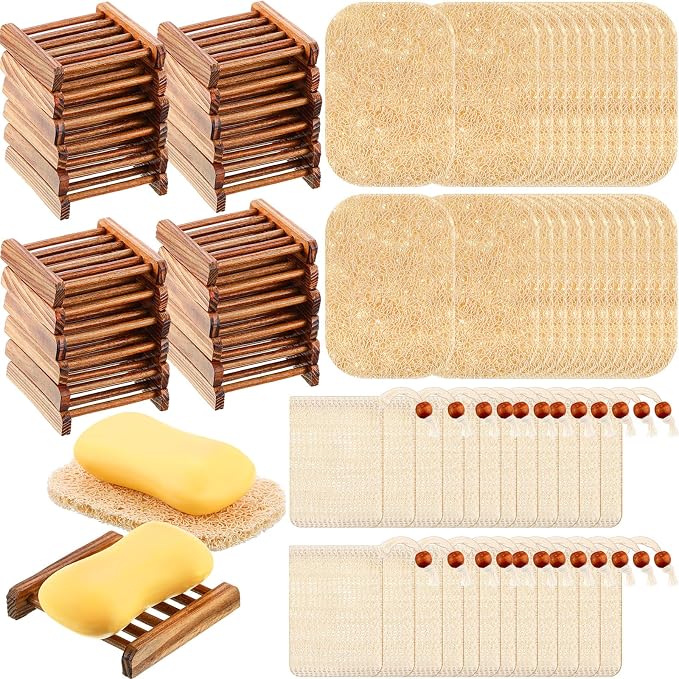 Yaomiao 72 Pcs Soap Saver Set Bulk Includes Wood Soap Dish, Saver Pads with Self Drain, Bar Holder Mesh Bag for Shower Bath Home Toilet Kitchen Hotel Restaurant(Brown) by Yaomiao