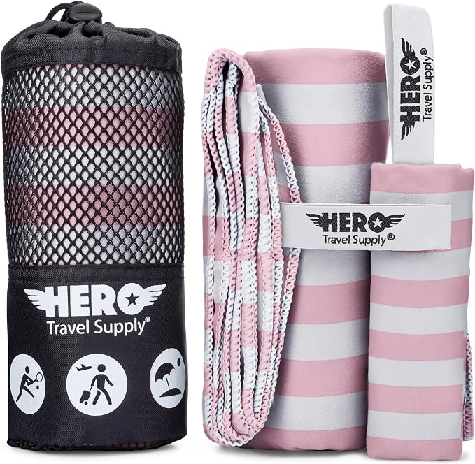 Hero Microfiber Towel, Camping, Beach, Gym, Includes Bonus Washcloth (Pink Stripe, 24" x 48") by HeroTravelSupply