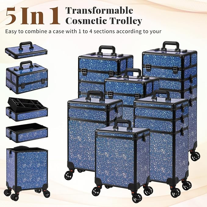 AROUS Rolling Makeup Train Case 5 in 1 Cosmetology Case on Wheels Large Cosmetic Organizer Travel Cart for Hairstylist Artist Nail Beauty Salon Barber,Blue - Image 2