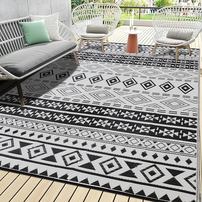 Outdoor Rugs, Outdoor Plastic Straw Rug, Reversible Waterproof Carpet for Camping, Poolside, Garden, BBQ Area, Gazebo Flooring, RV Park & Beach, Geometric Style, 9x12 by Unknown