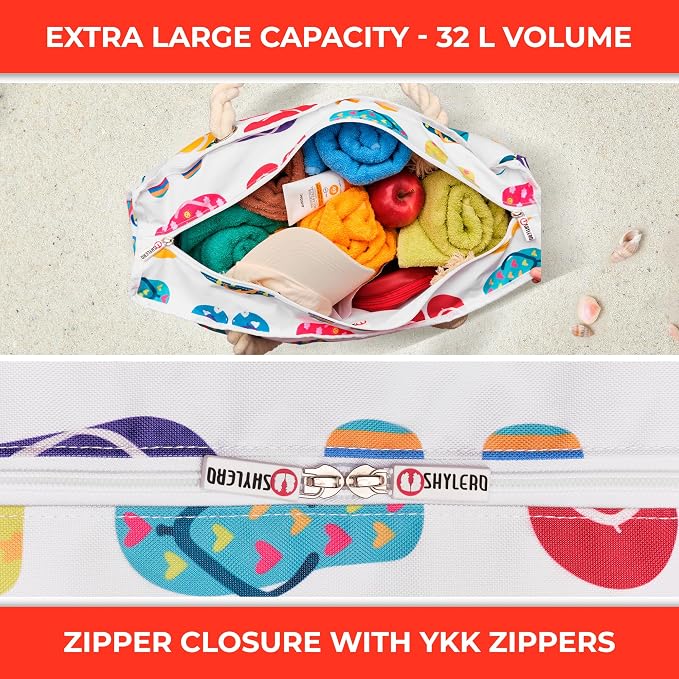 Beach Bag and Pool Bag Has Cooler Pocket, 7 Pockets Total, Zip Top. Family Size Waterproof Beach Tote - Image 6