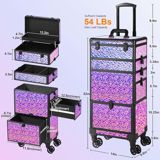 Rolling Makeup Case with Large Drawer, Makeup Train Case with Tray, Cosmetology Case on Wheels, Travel Makeup Case Organizers, Professional for Salon Barber, Nail, Tattoo, Multicolor Purple - Image 3