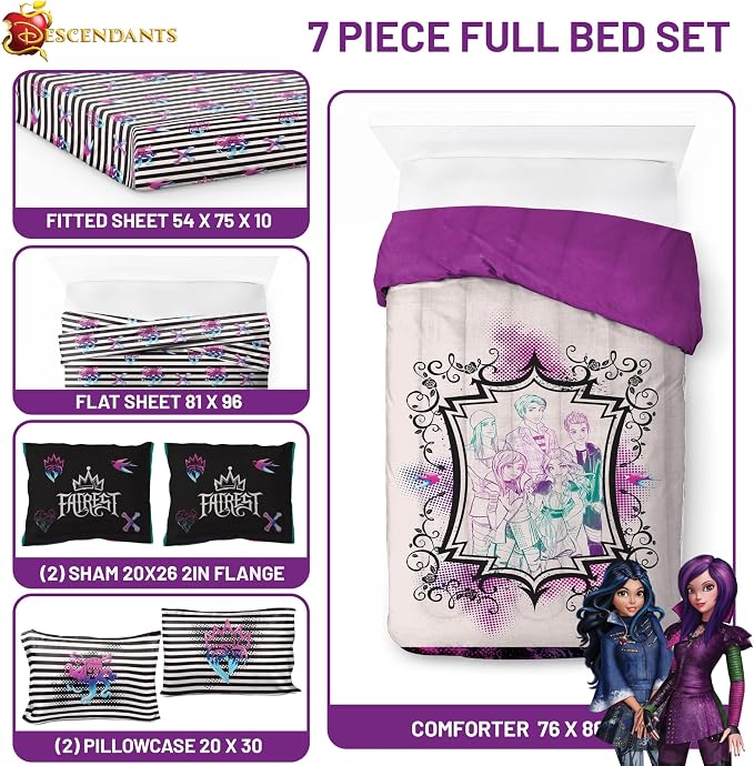 Jay Franco Kids Comforter Set Includes Sheets and Pillow Cover - Soft and Cozy Bed Set for Stylish Room Décor, Multi - Descendants, 7 Piece Full - Image 3