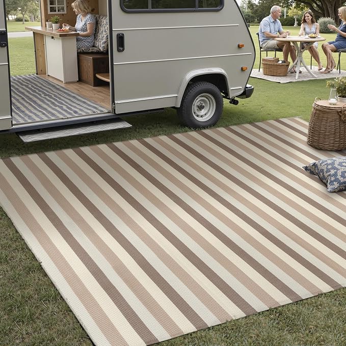 PureCozy Outdoor Waterproof Patio Rug 8x10 Plastic Straw Reversible Outside Beige Striped Carpet Lightweight Large Rug for Camping RV Porch Deck Balcony Beach - Image 5