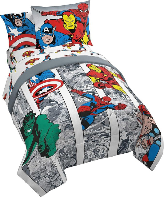 Marvel Comics Avengers Full Size Comforter Set 7 Piece Kids Bedding, Multi | Spiderman Hulk Captain America, Comforter Sheets Shams Pillowcases, Soft Microfiber, Machine Washable, Boys Gift by JayFranco
