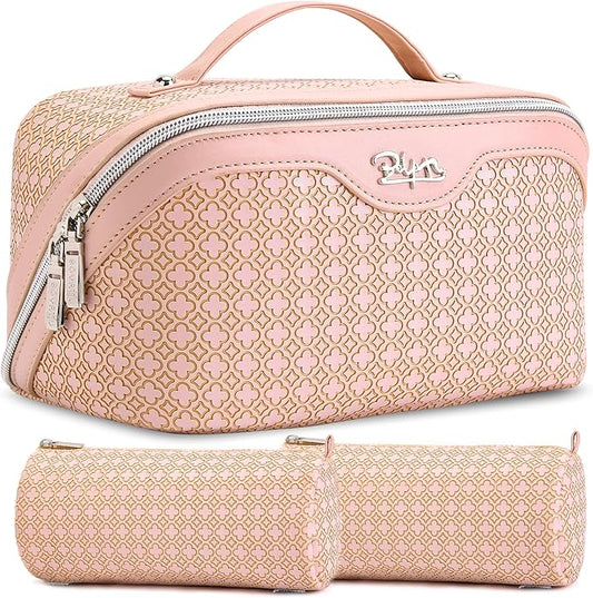 BOYATU Travel Makeup Bag for Women: Four Leaf Clover Large Capacity 3 Pcs Set Cosmetic Bags - Waterproof 50% Extra Space for Toiletry Organizer - Travel Essentials for Fortunate (03 Pink) by BOYATU