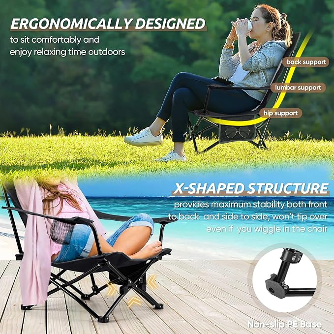 HaSteeL Folding Beach Chair Set of 3, Foldable Black Camping Chairs & Grey Table for Outside, Low Beach Chair Portable for Adults Fishing, Picnic, Outdoor BBQ, Cup Holder & Storage Bag - Image 5