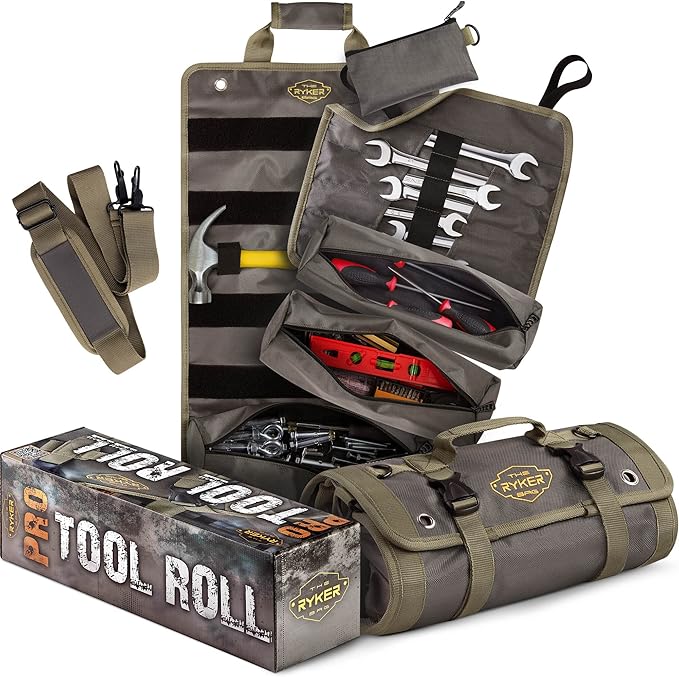 Ryker PRO Heavy Duty Motorcycle Tool Roll Up Bag w/Socket Wrench Organizer | Motorcycle Accessories Camping Trunk Organizer for Storage & Plumbing Tools. Tool Box Work Boat Bag with Waterproof Pouches by TheRykerBag