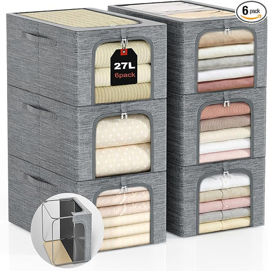 GoMaihe Baby Clothes Storage Bins with Metal Frame, 6-Pack Small Closet Storage Bin with Lid & Clear Window, Nursery Organizer for Baby Clothing, Toddler Kids Storage Boxes, Cationic Fabric 27L by GoMaihe