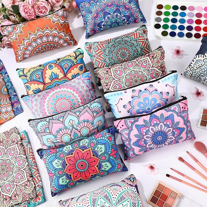 Hillban 36 Pcs Mandala Makeup Bags Bohemian Cosmetic Bags for Women Mandala Flowers Travel Toiletry Pouch with Zipper Portable Organizer Pouch for Cosmetics Makeup Brushes, 12 Styles - Image 6