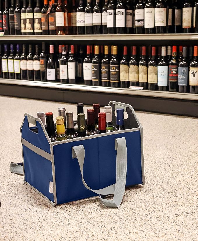 12 Bottle Wine Carrier Bag Collapsible Reusable with Strap for Liquor Champagne Beer Glasses Storage Shopping Travel (Navy Blue) - Image 6