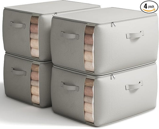 Vailando Large Canvas Comforter Storage Bags Closet Organizer for Clothes Sweater Clothes Organizer with Dual Zipper Three Carrying Handles for Blanket Closet Storage Container, 4 Pack, Grey by Vailando