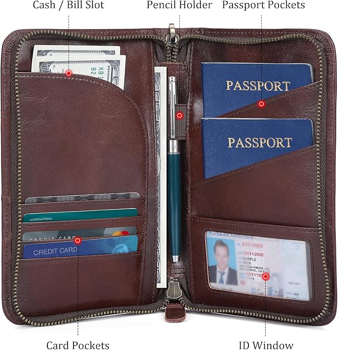 Polare Full Grain Leather Passport Holder With YKK Zipper RFID Blocking Travel Document Organizer Ticket Holder Cover Case Holds 2 Passports (Coffee) - Image 5