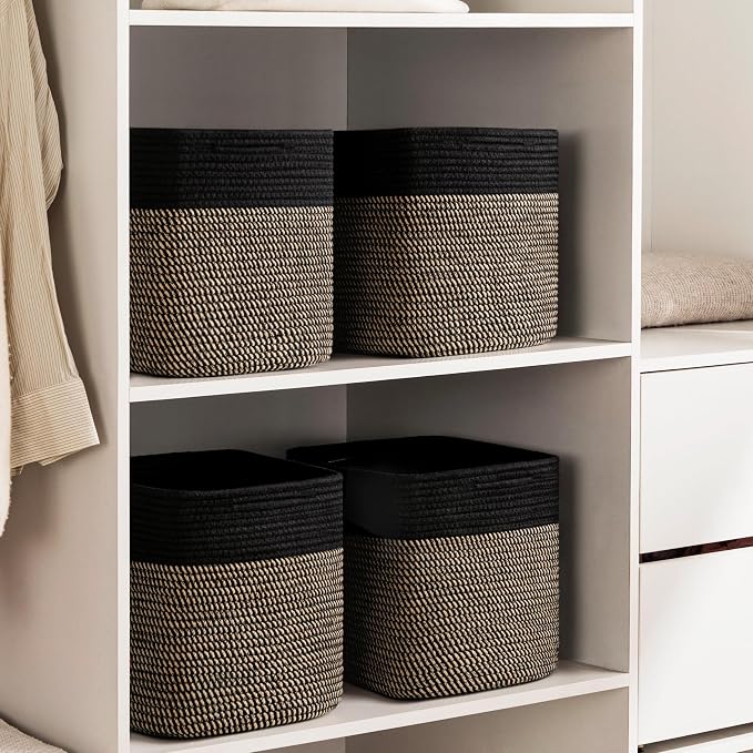 joybest 13x13x13 Inch Cube Storage Bins Set of 4, Cotton Rope Woven Organizer Basket for Shelves, Cube Bin Square Shelves Organizer Closet Storage, Nursery, Toy Organization, Black&Dark Brown - Image 4