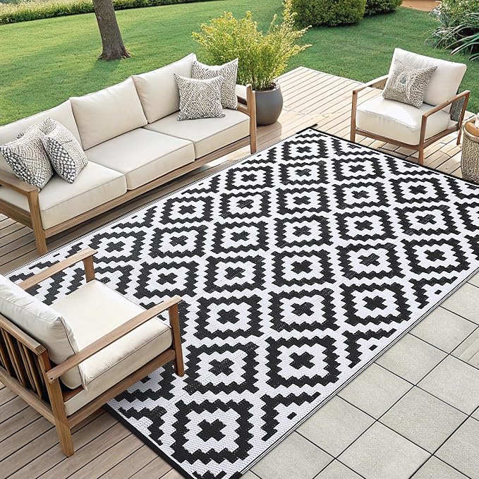 Smiry Waterproof Outdoor Rug 9x12 ft, Reversible Plastic Straw Patio Camping Rugs, Outdoor Indoor RV Mat Carpet for Patio, Outside Entry, Backyard, Deck, Bench, Picnic, Camper, Black & White - Image 7