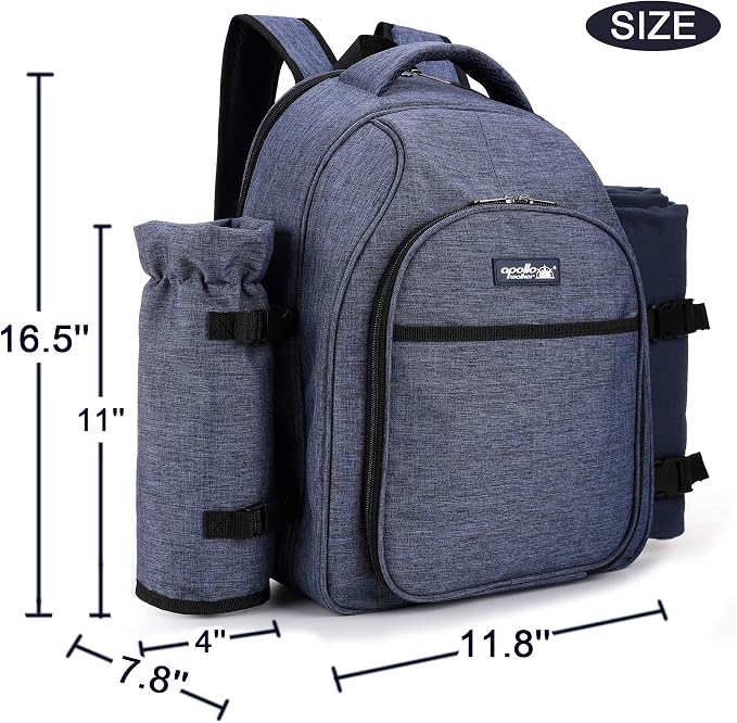 Apollo Walker Picnic Backpack Bag for 2 Person with Cooler Compartment, Detachable Bottle/Wine Holder, Fleece Blanket, Plates and Cutlery Set (2 Person, Navy) - Image 3