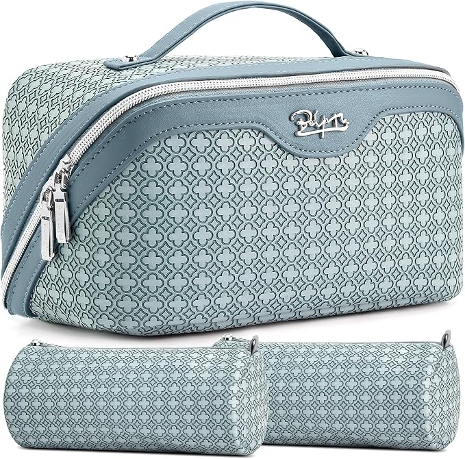 BOYATU Travel Makeup Bag for Women: Four Leaf Clover Large Capacity 3 Pcs Set Cosmetic Bags - Waterproof 50% Extra Space for Toiletry Organizer - Travel Essentials for Fortunate (04 Light Blue) by BOYATU
