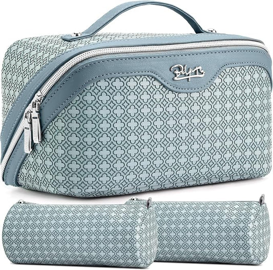 BOYATU Travel Makeup Bag for Women: Four Leaf Clover Large Capacity 3 Pcs Set Cosmetic Bags - Waterproof 50% Extra Space for Toiletry Organizer - Travel Essentials for Fortunate (04 Light Blue) by BOYATU
