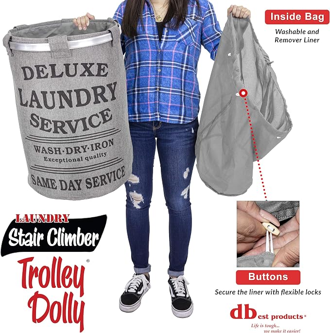 dbest products Stair Climber Laundry Trolley Dolly, Grey Laundry Bag Hamper Basket cart with wheels sorter - Image 4