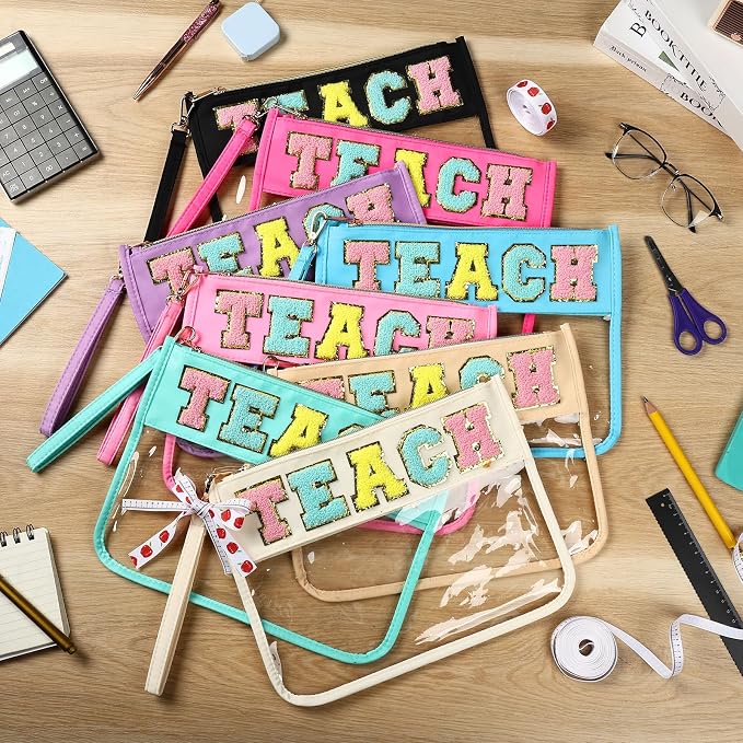 8 Pcs Teacher Appreciation Gifts Teach Chenille Letter Makeup Bag Monogram PVC Clear Zipper Pouch Wristlet Travel Cosmetic Bag Graduation Thank You Teacher Gift for Women(Colorful Letter) - Image 5