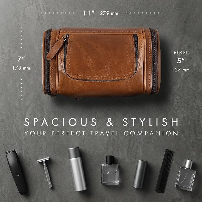 ELIZO Real Leather Toiletry Bag for Men - Large Hanging Travel Organizer for Toiletries, Ideal for Dopp Kit & Shaving Kit for Men, Essential Mens Travel Toiletry Bag for Toiletries (Cognac) - Image 2