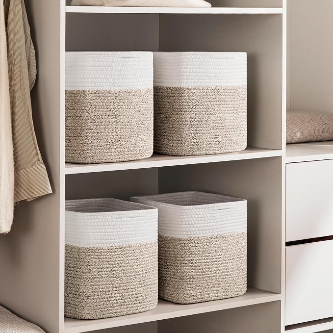 joybest 13x13x13 Inch Cube Storage Bins Set of 4, Cotton Rope Woven Organizer Basket for Shelves, Cube Bin Square Shelves Organizer Closet Storage, Nursery, Toy Organization, Brown&White - Image 4