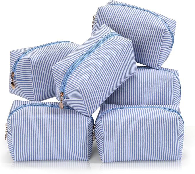 Makeup Bag Set for Women, 6PCS Travel Cosmetic Bags Pencil Case, Striped Seersucker Toiletry Organizer Pouches, Cute Makeup Pouch for Purse, Accessories and Gifts, Blue by Unknown