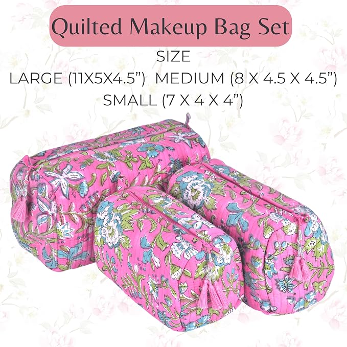 Quilted Floral Block Print Makeup Bag Set of 3 – Cotton Travel Toiletry and Makeup Organizer, Cosmetic Pouch, Toiletry Bag for Women, Cute Boho Coquette Make Up Bags for Women (Small, Medium, Large) - Image 2