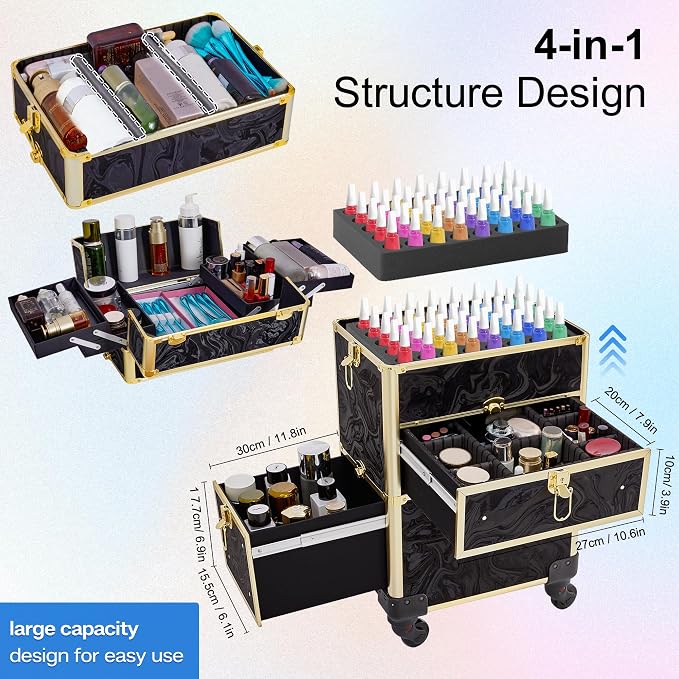 Somduy Rolling Makeup Case with Drawer, Makeup Train Case, 4 in 1Cosmetology Case on Wheels, Christmas Gift, Large Makeup Organizers, Profesional Cosmetic Case for Salon Barber, Pattern Black Gold - Image 4