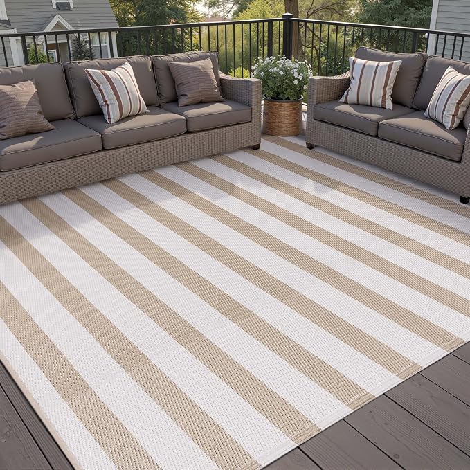 PureCozy Outdoor Waterproof Patio Rug 10x14 Plastic Straw Reversible Lightweight Outside Beige Striped Large Carpet Outdoor for Camping RV Porch Deck Balcony Beach - Image 2