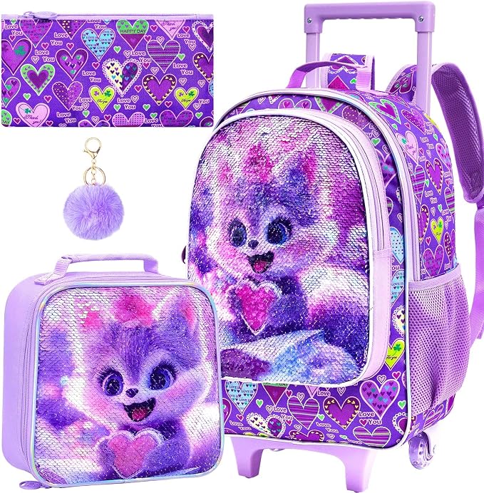 AGSDON 3PCS Rolling Backpack for Girls Boys, Kids Roller Wheels Bookbag, Wheeled School Bag with Lunch Bag by AGSDON