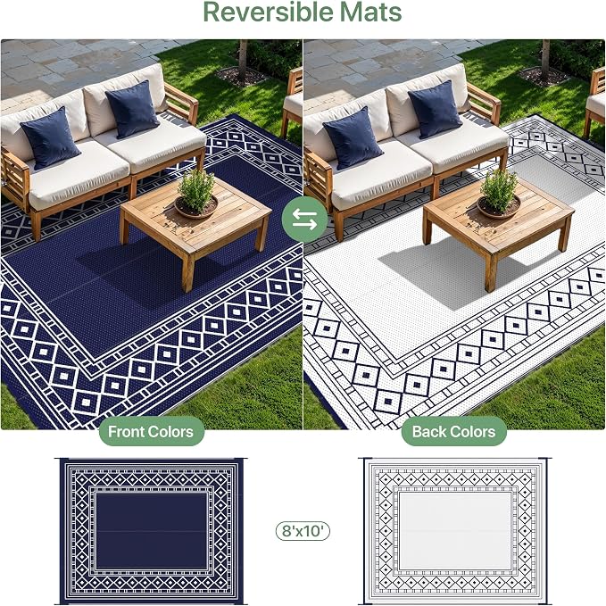 GENIMO Outdoor Rug Waterproof for Patio Decor, 8'x10' Foldable Reversible Plastic Straw Carpet for Travel Trailers, Outside Area Mat for Rv, Deck, Picnic, Porch, Camper, Balcony, Beach, Blue & White | Outside Larger Modern Carpet Mat for Porch Decor, D... - Image 4