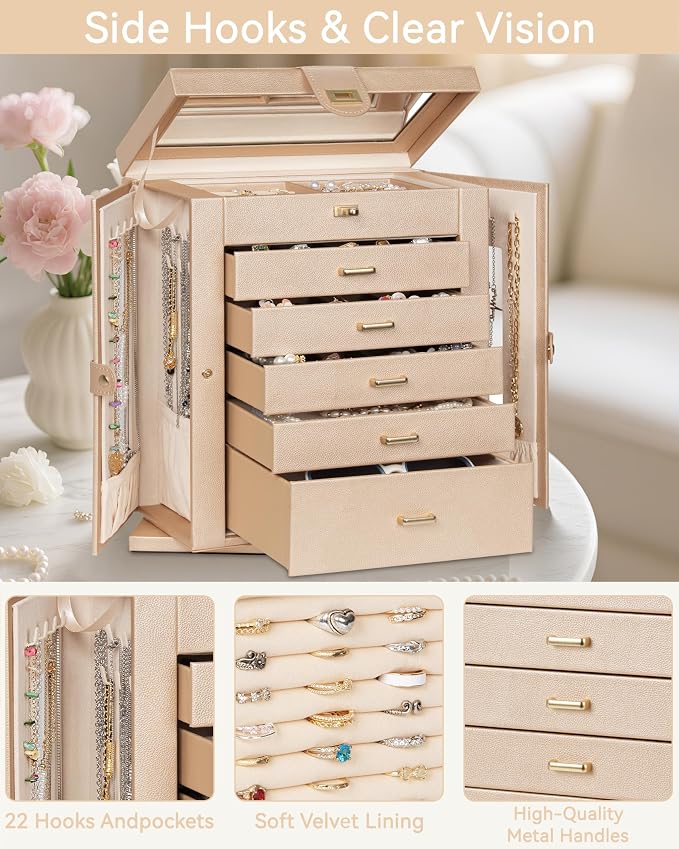 AKOZLIN 6-Tier Jewelry Box Organizer Functional 5 Drawers Leather Jewelry Storage Case for Women Girls Ring Necklace Earring Bracelet Holder Organizer with Mirror XL Champagne 360° Rotating - Image 2