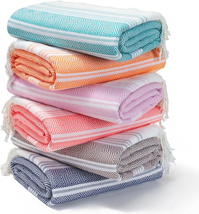 Genovega 6 Packs Oversized Turkish Beach Bath Towel Set Bulk 74"x38" Extra Large Sand Free Quick Dry Swim Camping Pool Clearance Towels Travel Blanket Adult Essentials Green Pink Red Stripe by genovega